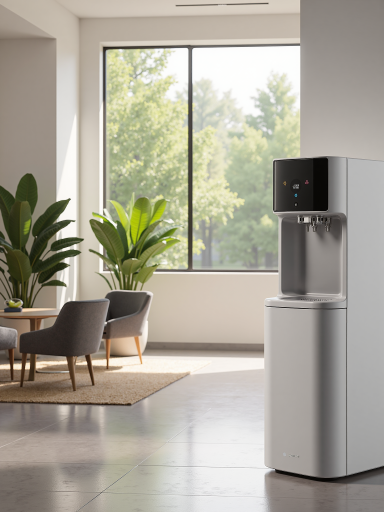 Modern standing air cooler with ice compartment, white color, sleek design, indoor setting with natural lighting
