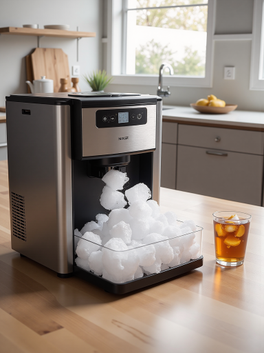 Compact table top air cooler with ice tray, blue and white colors, modern design, placed on wooden table indoors